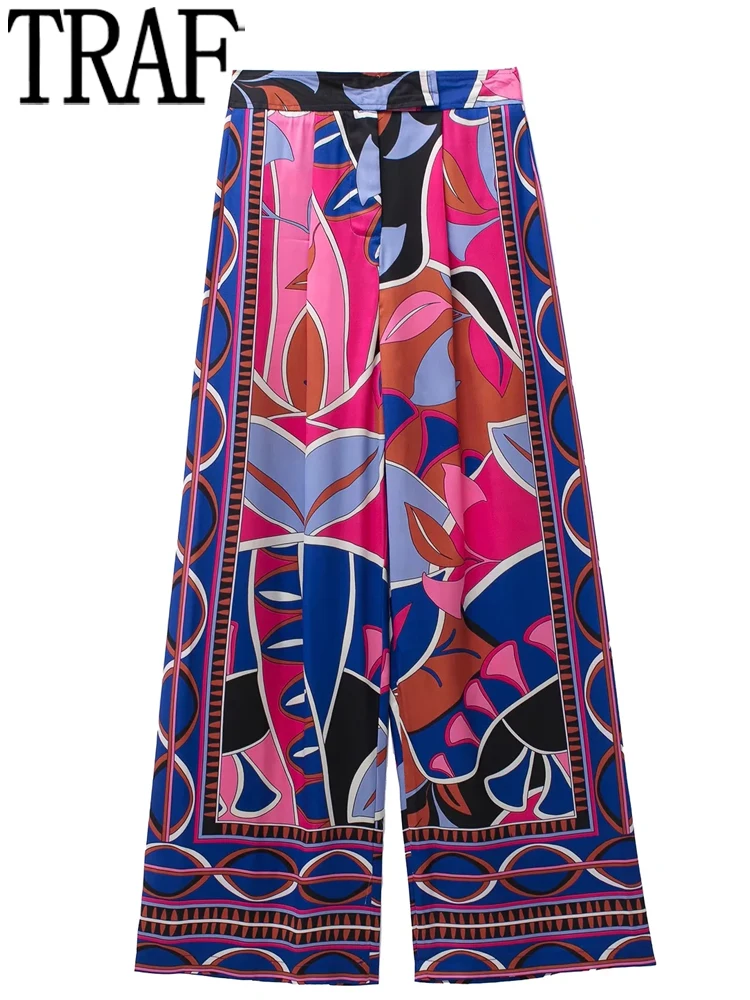 

TRAF Women's Pants High Waist Wide Leg Pants Women Vintage Print Baggy Casual Pants Sets Streetwear Y2k Woman Trousers