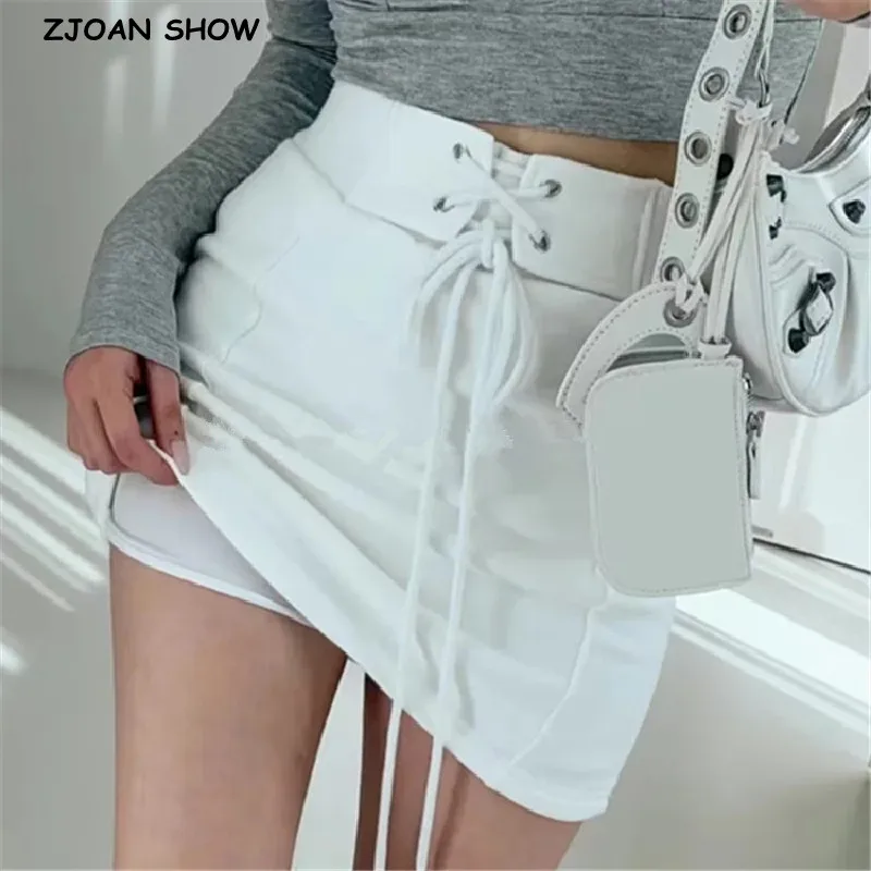

2023 Y2K Terry Women Cross Bandage Lacing up Bow Elastic Low Waist Skirt Package Hips Saia Mini Skirt with Shorts lining Summer
