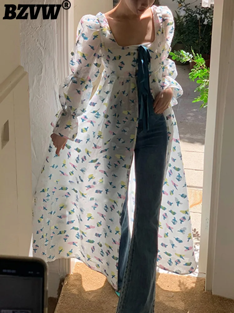 

BZVW Square Collar Print Long Sunscreen Dresses For Women Long Sleeve Elegant Fashion Female Clothes 2023 New Trend 25X0474