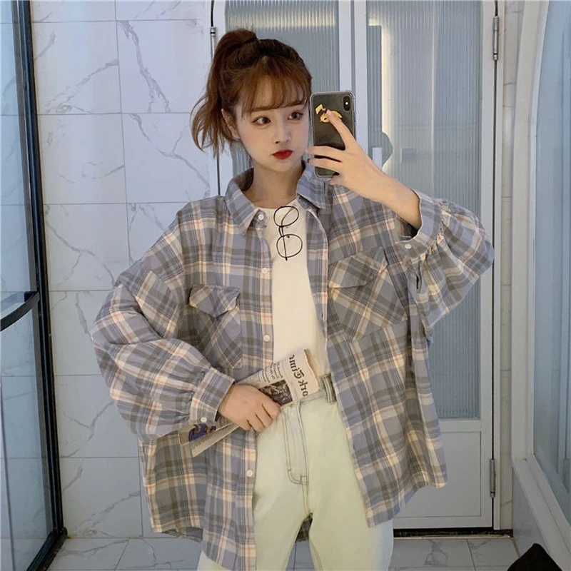 

Korean Autumn Plaid Shirt Women Loose Causal Lady Jacket Turn Down Collar Long Sleeves Ladies Tops All Match Camisas Mujer New