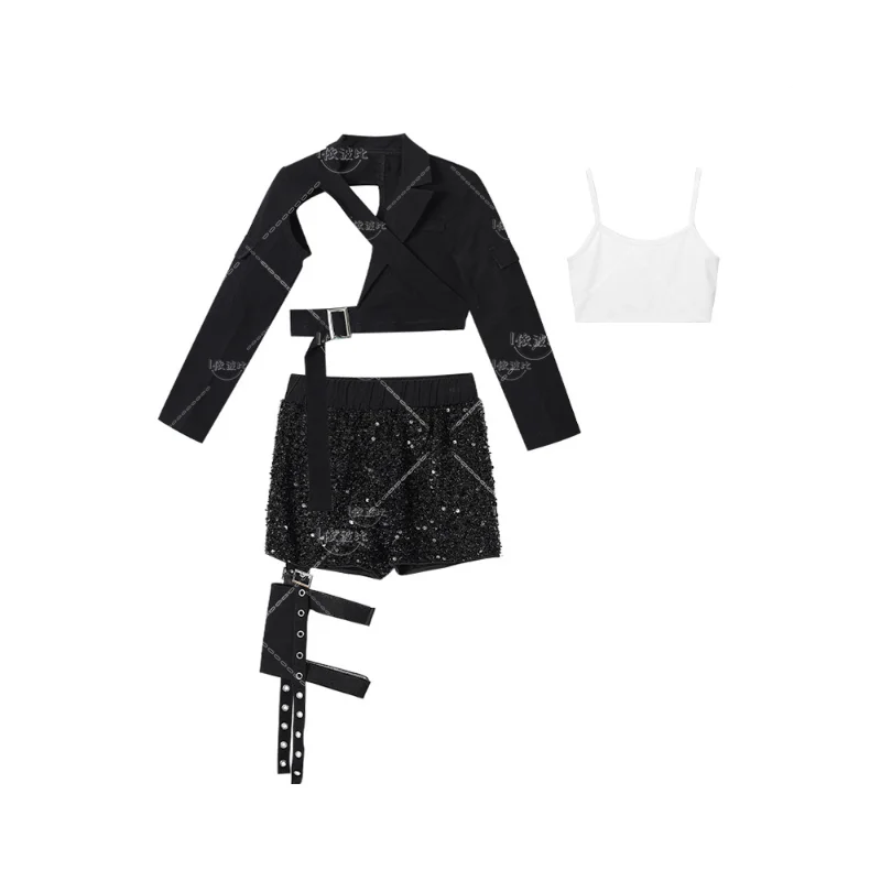 Новый танцевальный костюм для девушек черно-серебряные блестки модный джазовых