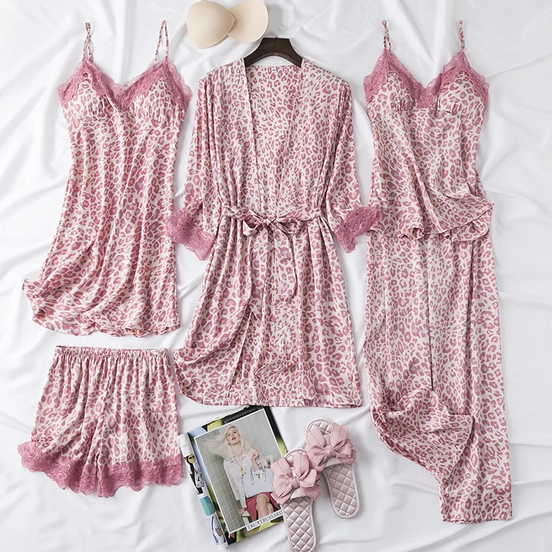 

Женский розовый Леопардовый пижамный комплект из 5 предметов, ночная рубашка, одежда для сна, сексуальный кружевной халат, ночная рубашка, Пижамный костюм, свободная атласная Домашняя одежда, домашняя одежда