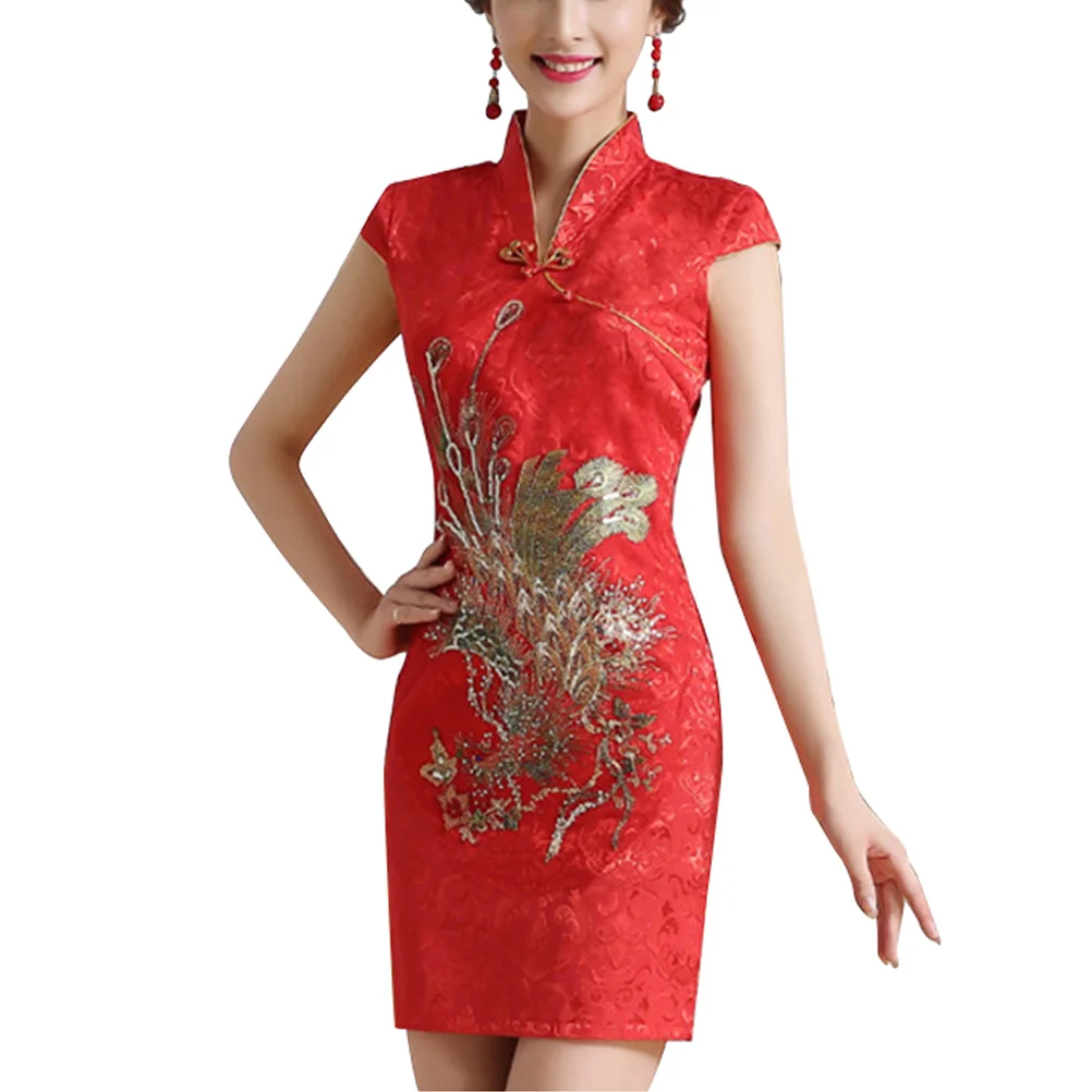 

Mini Chinese Qipao Bridal Robe Gown Embroidered Floral Dress Cheonasam Wedding Cheongsam