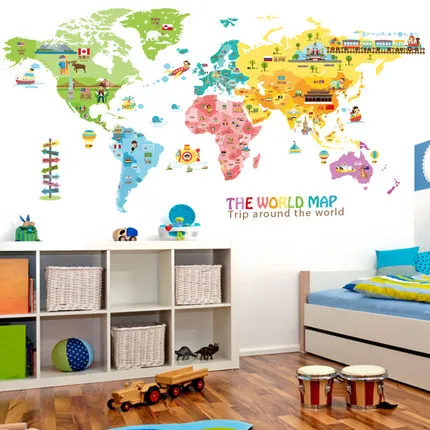 Big Animal World Map Wall Sticker Kids Room Home Decor Cartoon Wall Decor Aesthetic self adhesive Poster Wallstickers