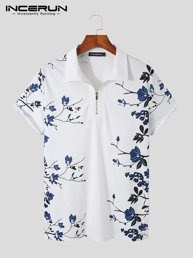 

INCERUN Summer Men Shirt Flower Printing Lapel Short Sleeve Zipper Streetwear Casual Men Clothing 2022 Leisure Camisas S-5XL