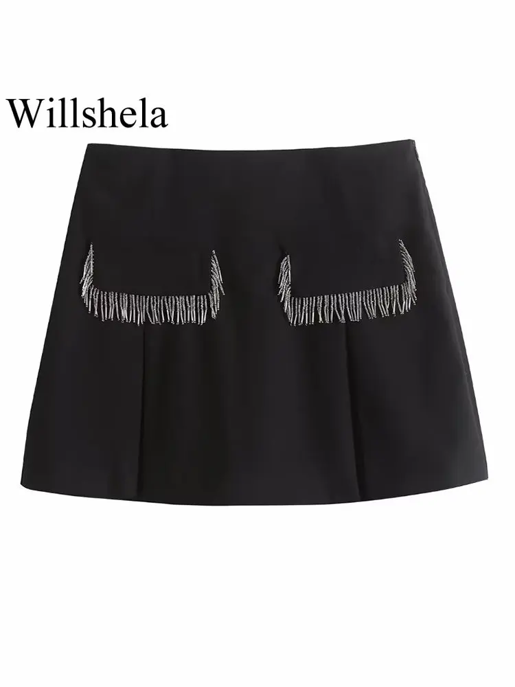 

Willshela Women Fashion With Tassel Black Solid Side Zipper Skirts Shorts Vintage High Waist Female Chic Lady Shorts