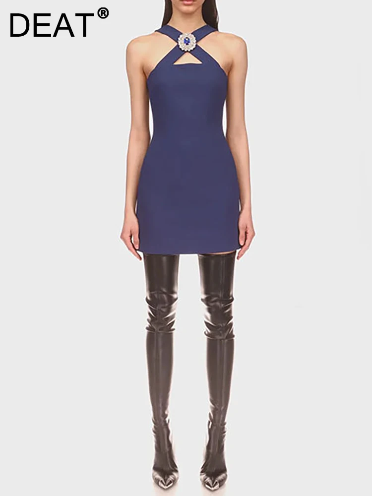 

Женское вечернее платье без рукавов DEAT, облегающее мини-платье с V-образным вырезом и инкрустацией стразами, лето 2023