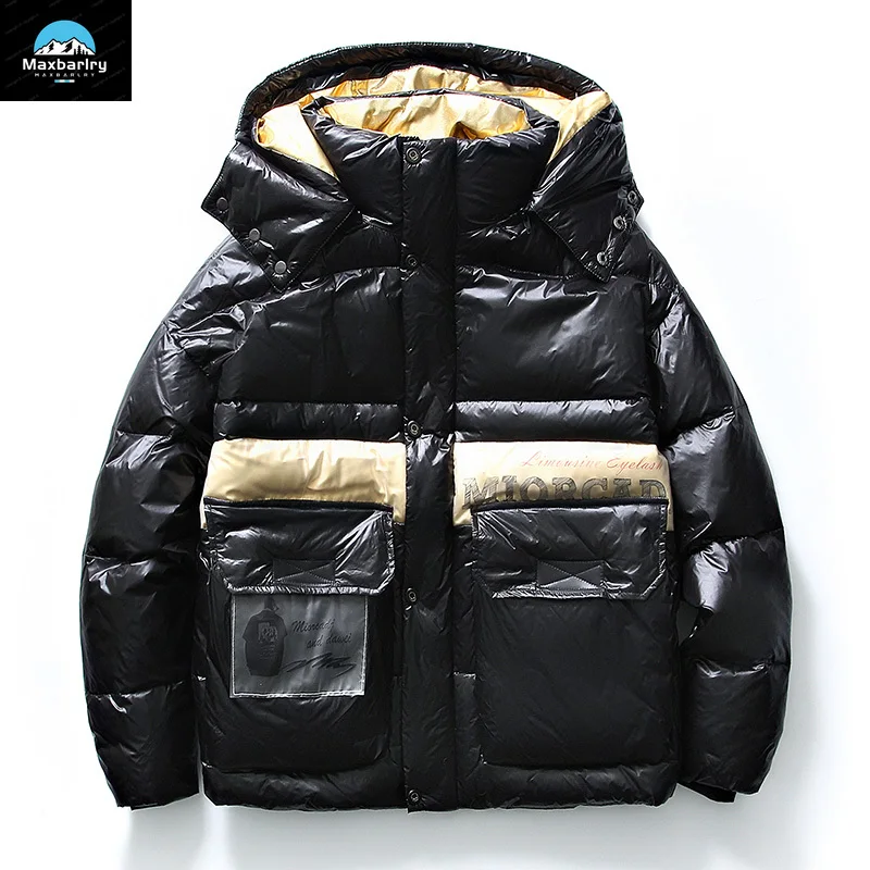 Пуховик мужской с капюшоном модная теплая куртка на черном золотом белом утином
