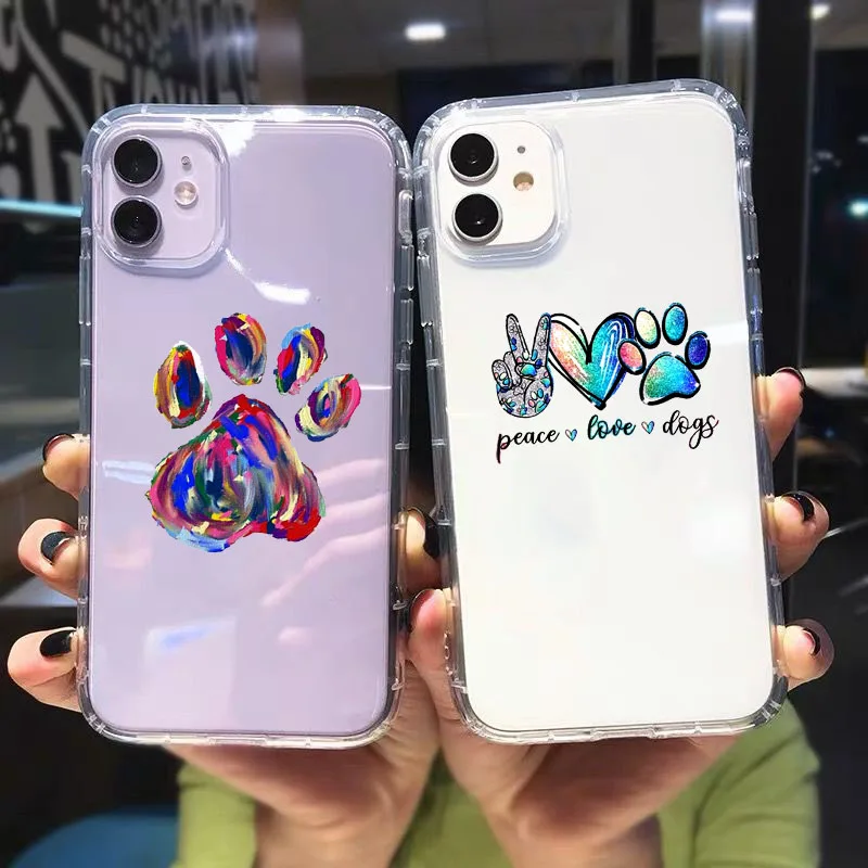 Fashion Women Dogs Paws Phone Case For iPhone 11 12 Pro Max XR XS X 8 7 SE20 6 14 Plus Funny Peace Love Clear Soft TPU Cover Bag