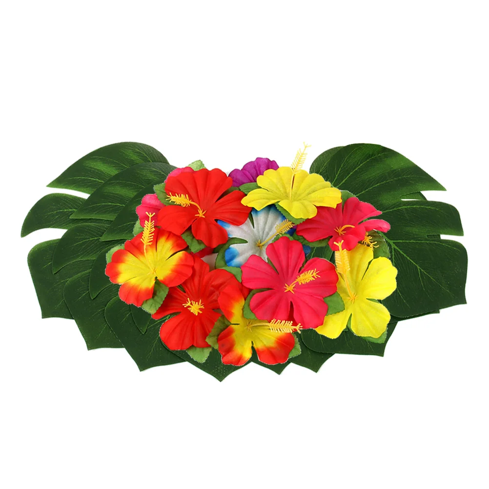 

48 Pcs Hawaiian Decor Hawaiian Party Set Luau Party Decoration Simulation Monstera Hibiscus Flower