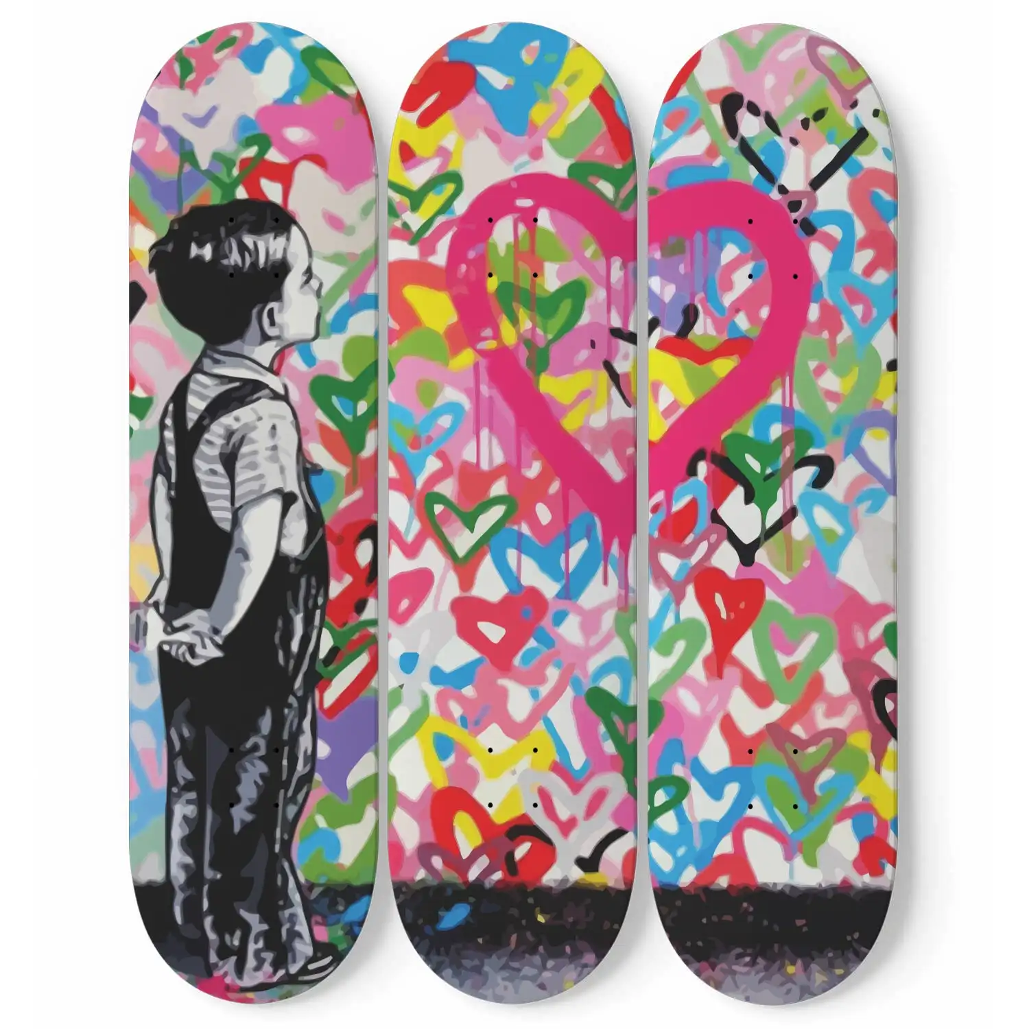 

Skate Deck Art Design Hanging Wall Skateboard Kids Skateroom Decor DIY Custom Sports Style Decoration Colorful Hearts 3 Pieces