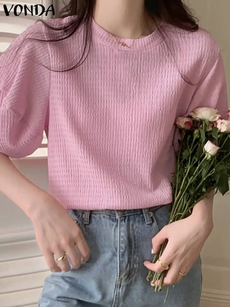 

Женские рубашки 2022 VONDA, пикантная блузка с круглым вырезом и коротким пышным рукавом, элегантные плиссированные шифоновые рубашки, летние ж...