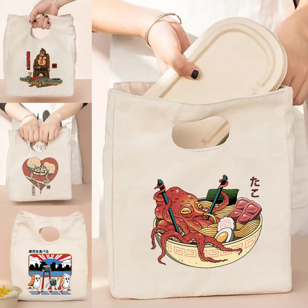 

Lunch Bag Thermal Insulated Canvas Pack Anime Japan Print Kids School Portable Bento Dining Container Picnic Food Storage Bags