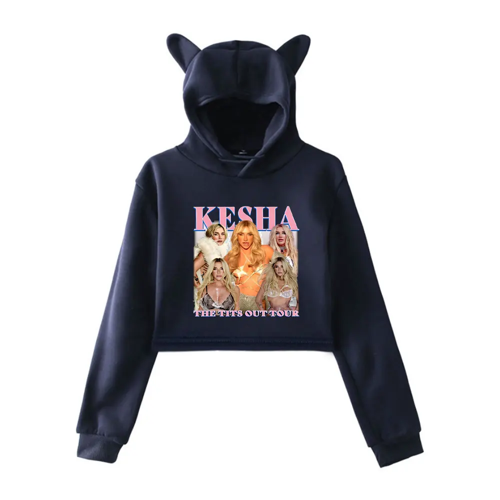 Фото Kesha Merch винтажная уличная одежда 90-х годов с логотипом, толстовки с капюшоном для девочек, укороченный модный спортивный пуловер с кошачьими ушками №4