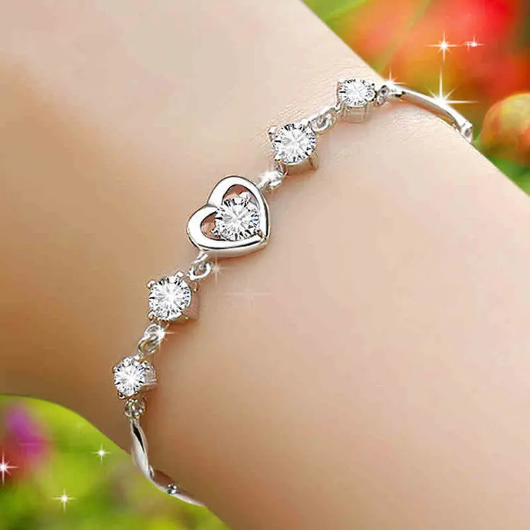 

New Hot S925 Sterling Silver Fine 8 Inches 5 Hearts Zircon Bracelet For Women Fashion Wedding Gift Jewelry Wholesale