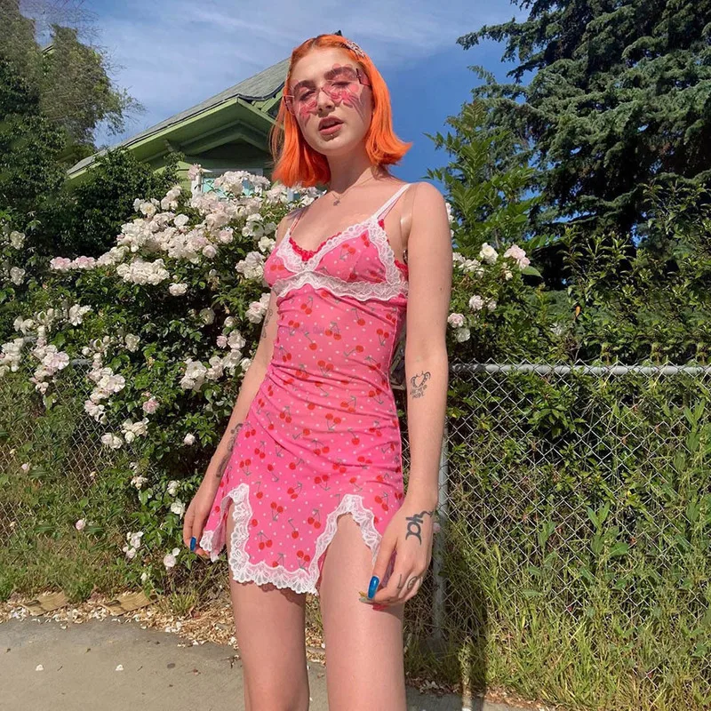 

2021 New Fashion Summer Women Lace Up Cherry Dot Print Sexy Dress Pink Cute Girl Mini Vestidos Sleeveless V Neck Bodycon Dresses