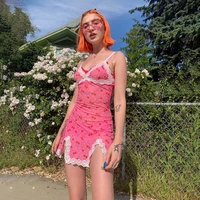 2021 new fashion summer women lace up cherry dot print sexy dress pink cute girl mini vestidos sleeveless v neck bodycon dresses