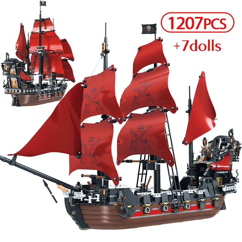 

1270PCS Caribbean Pirate Sailing Ship Building Blocks Queen Anne Revenge Boat 3D Model DIY Bricks Toys For Kids