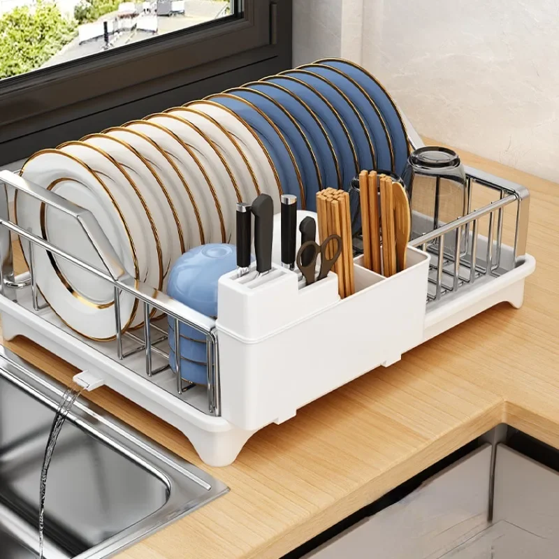 Large Stainless Steel Dish Drying Rack Kitchen Counter Plate Bowl Drainer with Plastic Board Tableware Organization and Storage