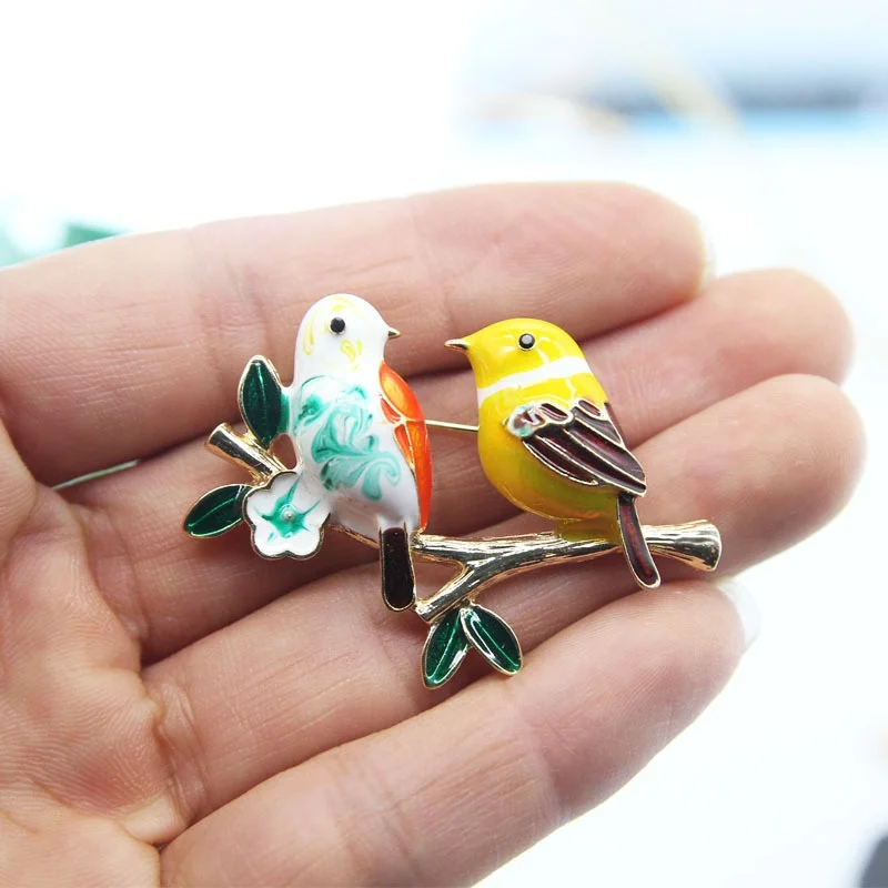 

Fashion bird branch brooch enamel couple animal pin woman clothing brooches accessories