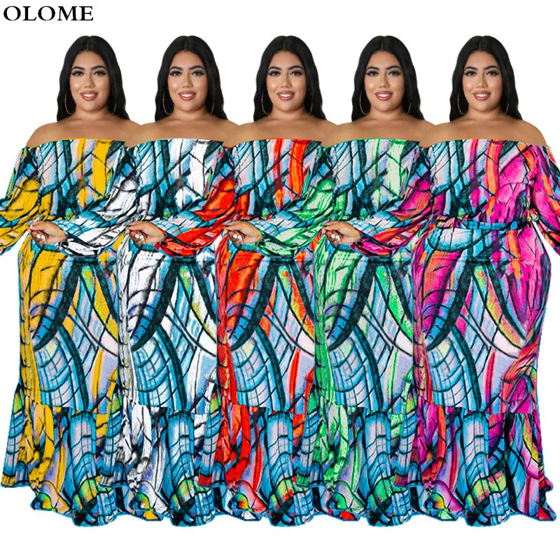 

Summer Fall Long Sleeves Slash Neck Women Casual Party Dress Mutlticolored Pattern Prining Ruffles Elegant Maxi Dresses