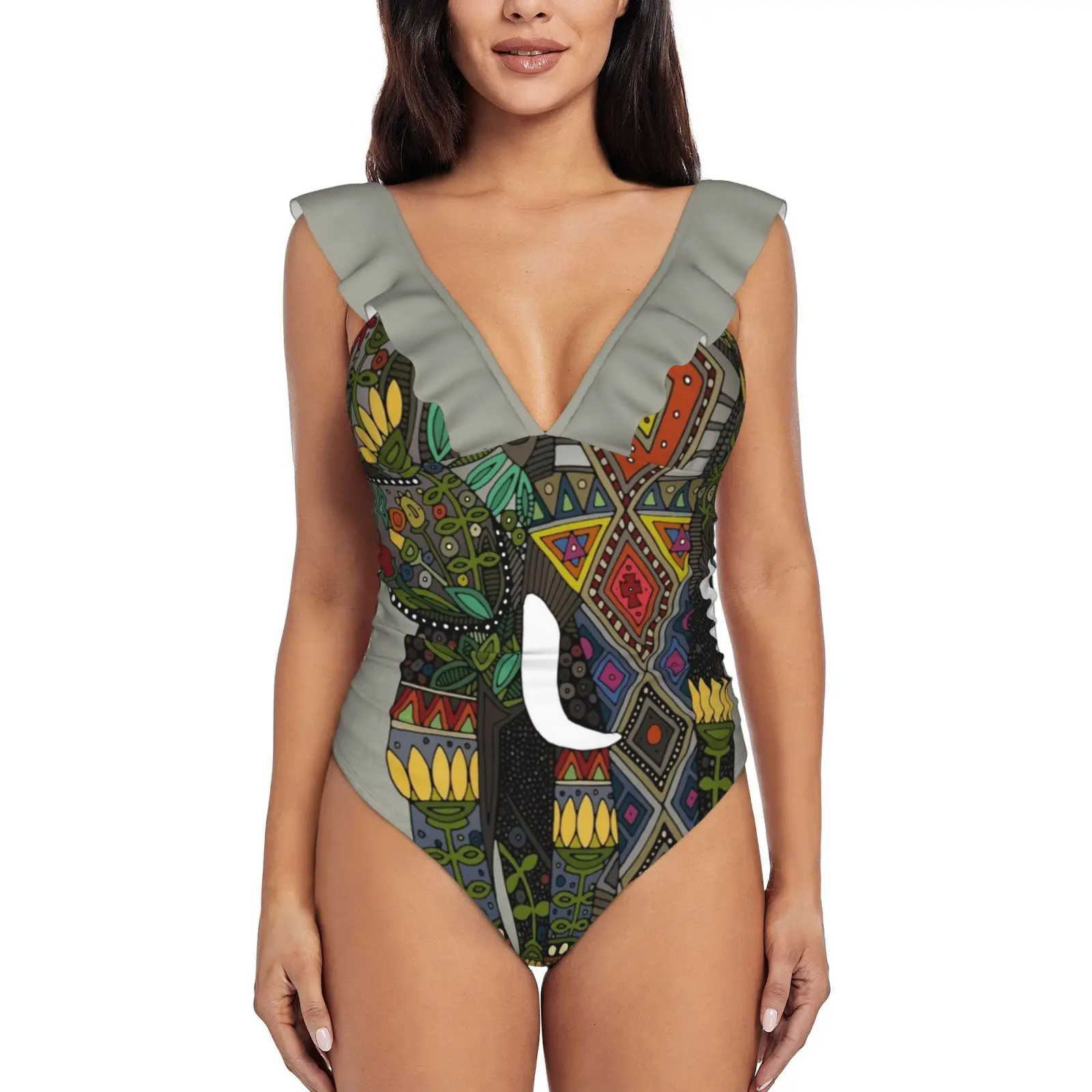 

Floral Elephant Stone Ruffled One-Piece Swimsuit Women Sexy Monokini Swimwear New Beach Bathing Suits Elephant African Animal