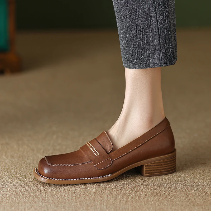 

Туфли женские из воловьей кожи на плоской подошве, винтажные повседневные лоферы, без застежки, простые, квадратный носок, Повседневная качественная обувь на плоской подошве, весна-осень