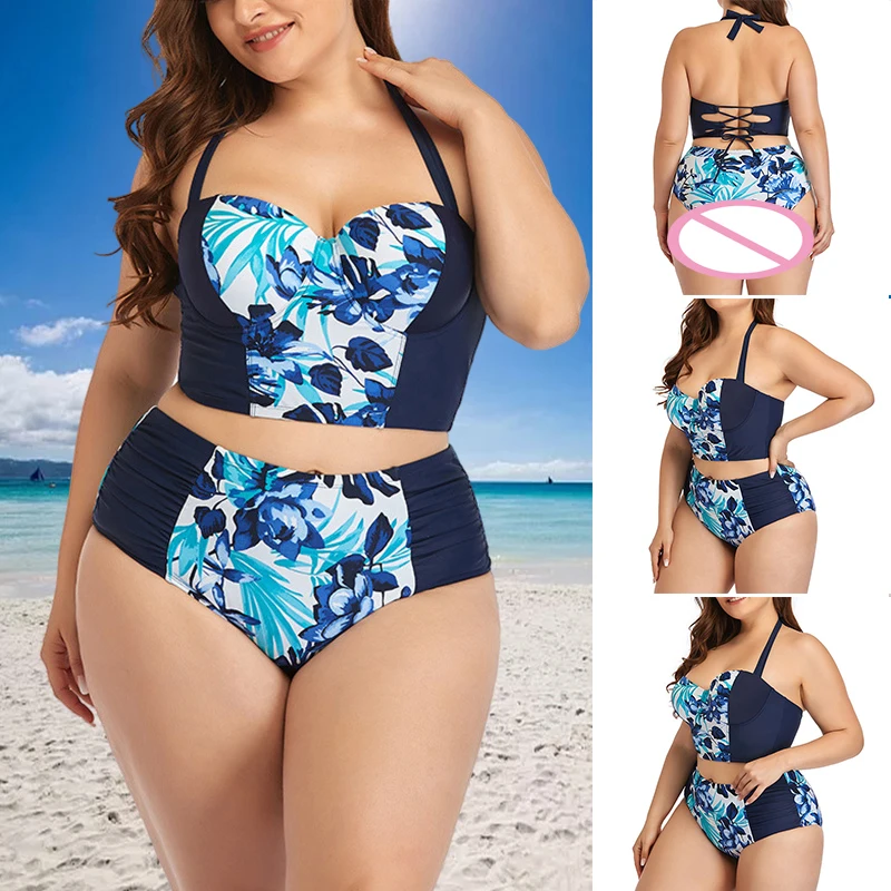 

Women Plus Size Two Piece Swimsuits with Print V Neck Sling Bathing Suit for Summer Beach XR-Hot