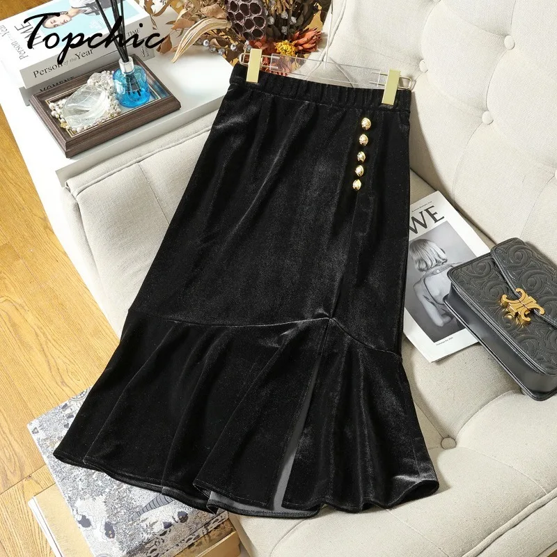 

Vintage Gold Buttons Black Mermaid Skirts for Women 2023 Autumn Winter Clothes Korean Fashion Ruffles Midi Saias Femininas