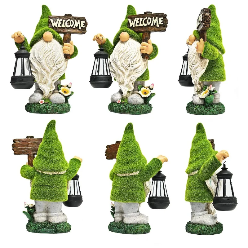 

Dwarf Resin Ornament White Beard "Welcome" Statue Garden Dwarf Night Light Decoration Desktop Porch Sculpture Outdoor Crafts