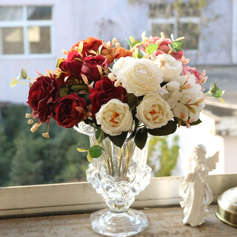 

Artificial Flowers Rose White Silk Gypsophila Fake Artificial Plant Flower Bouquet For Wedding Home Festation DIY Decoration