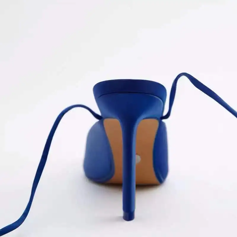 TRAF Women Pumps Fashion Blue Metallic Sexy Stiletto Pointed High Heels Woman Elegant Sandals Ankle Strap Sandals Slingback Shoe