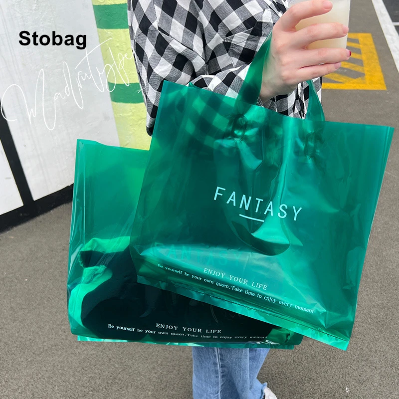 StoBag 10pcs Transparent Woman's Shopping Tote Bags Clothing Gift Packaging Green Fashion Portable Store Custom Logo Wholesale