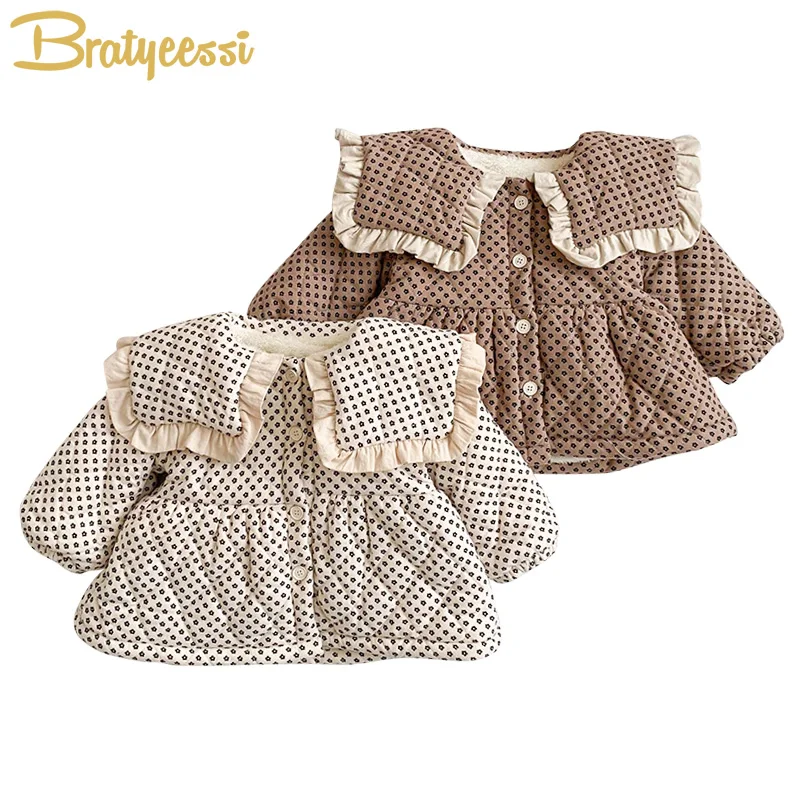 

Winter Outer Baby Girl Coat Padding Plush Lining Kids Jackets for Girls Bows Big Collar Thicken Warm Clothes Children Outerwear