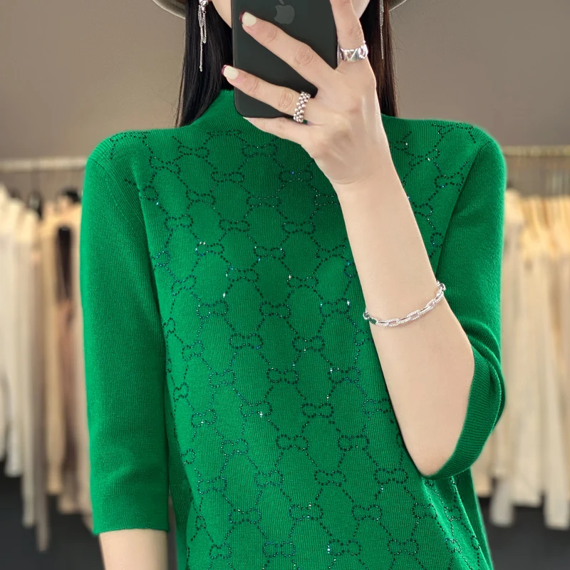 

New Semi-high Collar Wool Knitted Short Sleeve Five-point Sleeve Heavy Industry Drilling Letter Slim-fit Bottom Shirt Sweater