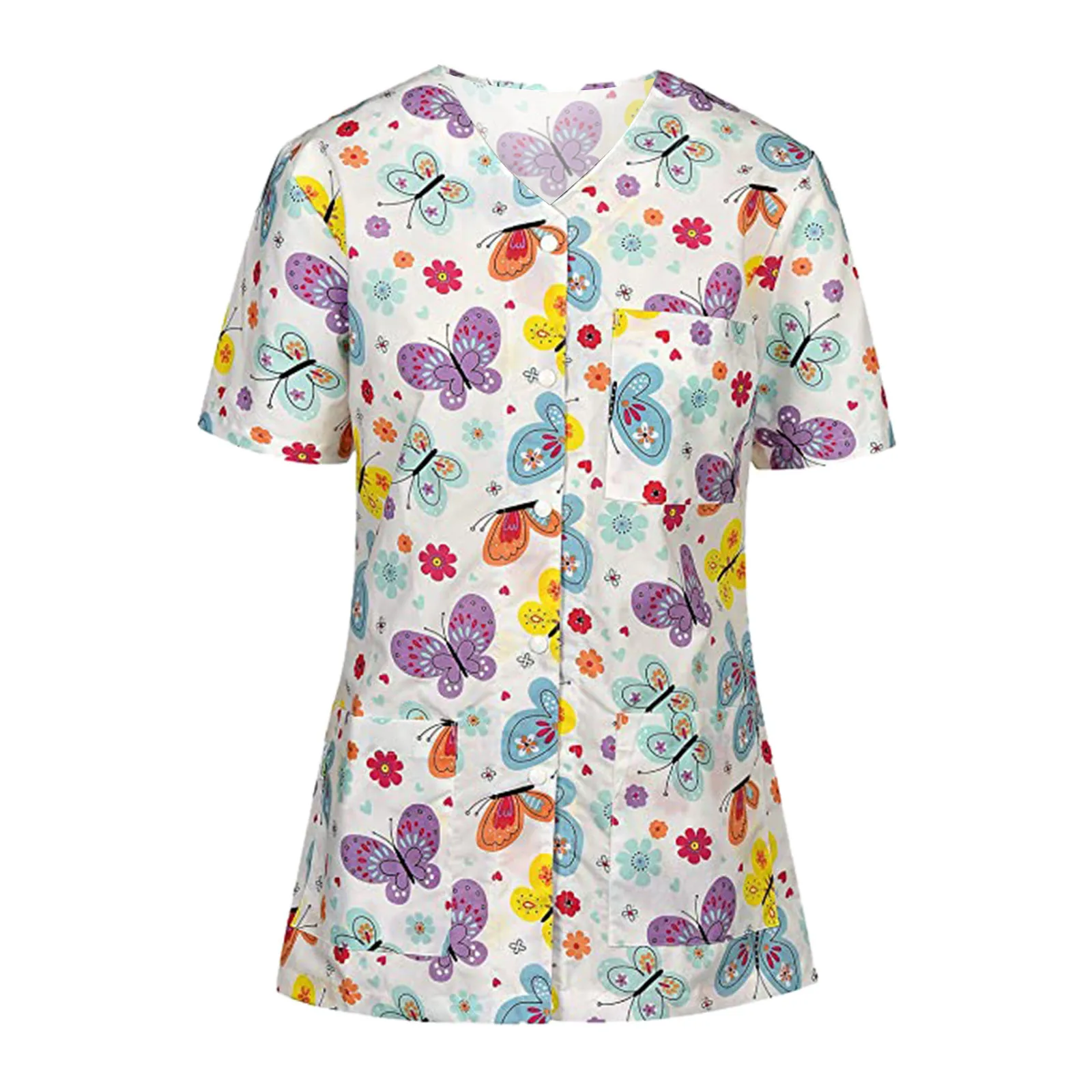 

Women Short Sleeve V-neck Tops Working Uniform Cartoon Print Blouse