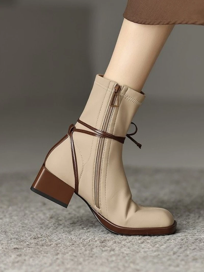 Female Boots Cross Tied Sqaure Toe Ankle Boots For Women 2023 New Arrivals Comfy Casual Shoes Woman Fashion Brand Med Heel