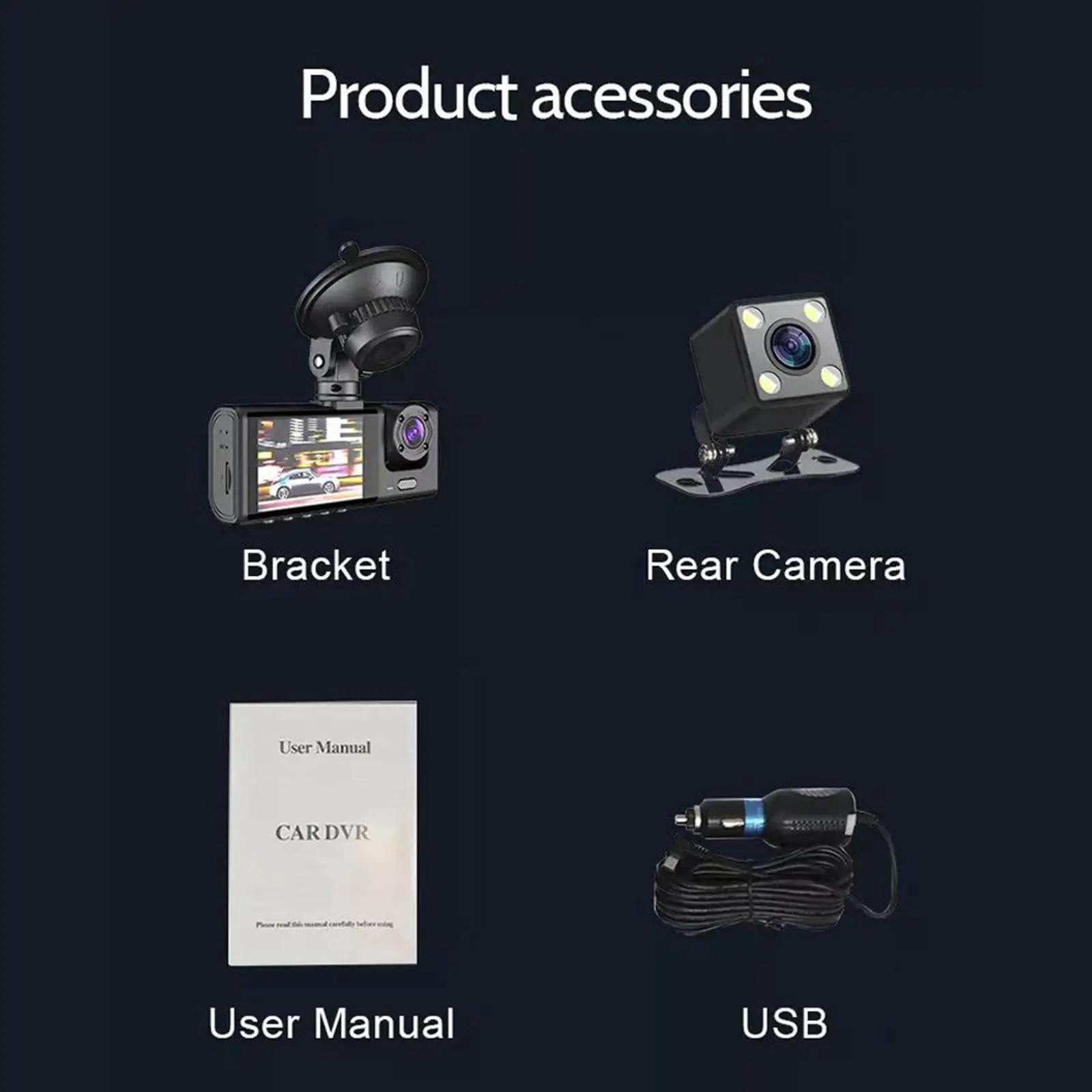 Видеорегистратор с 3 камерами 1080P передний и внутренний экран 2 дюйма черный