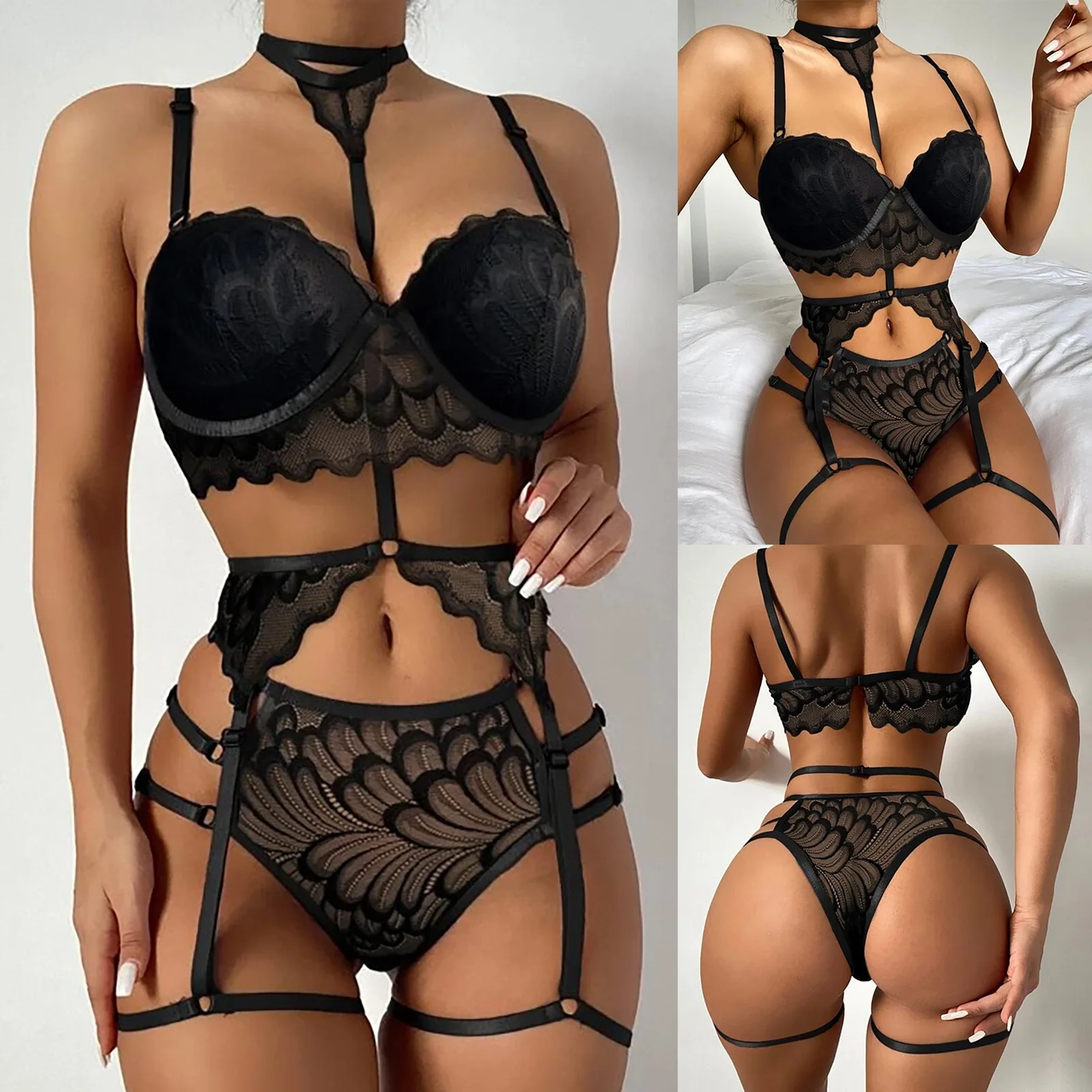 

High Waist Sexy Lingerie 3 Piece Set Women Underwear Floral Lace Embroidery Bra and Panty Intimate Nighty