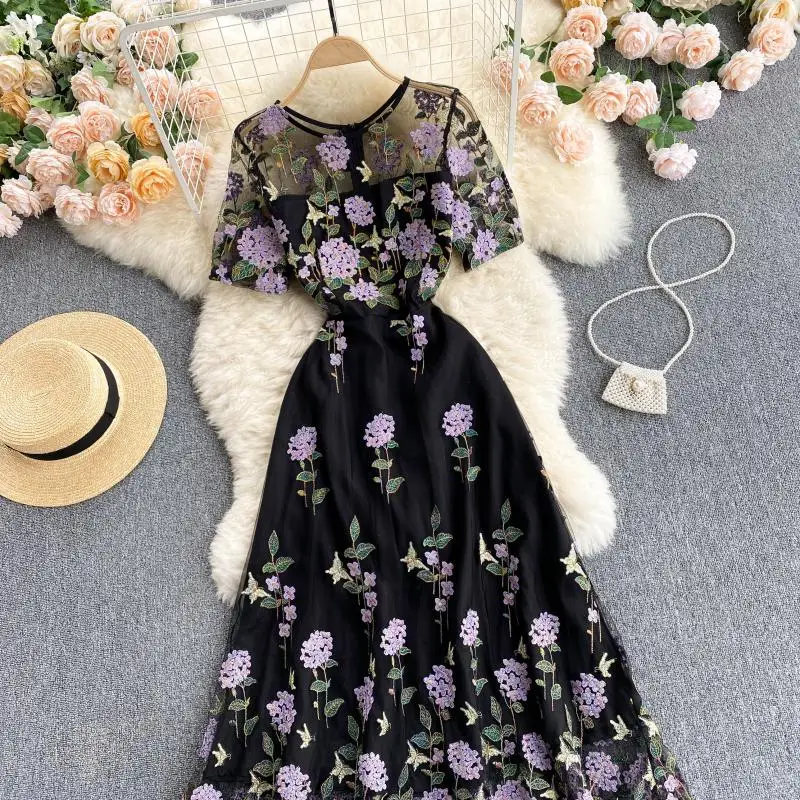 

Женское винтажное вечернее платье, элегантное Сетчатое платье с коротким рукавом и цветочной вышивкой на лето