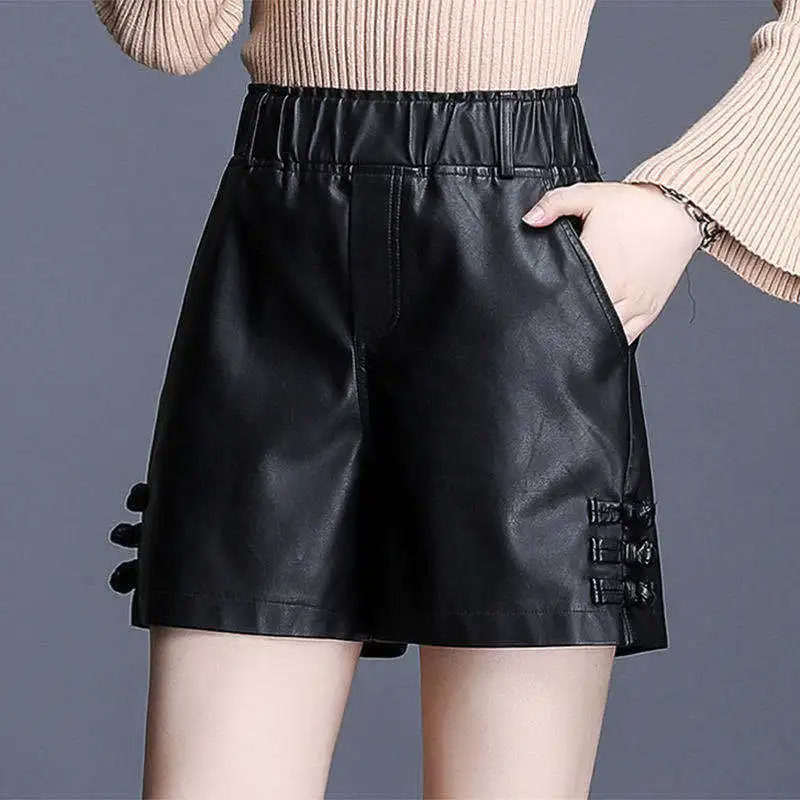 

Spring Leather Shorts Women Outer Wear 2022 Newest All-match Wide-leg Pants Women's High Waist A-line Faux Leather Shorts