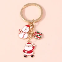 cartoon christmas keychains enamel santa claus snowman gift box pendants keyrings for women men handbag diy jewelry accessories