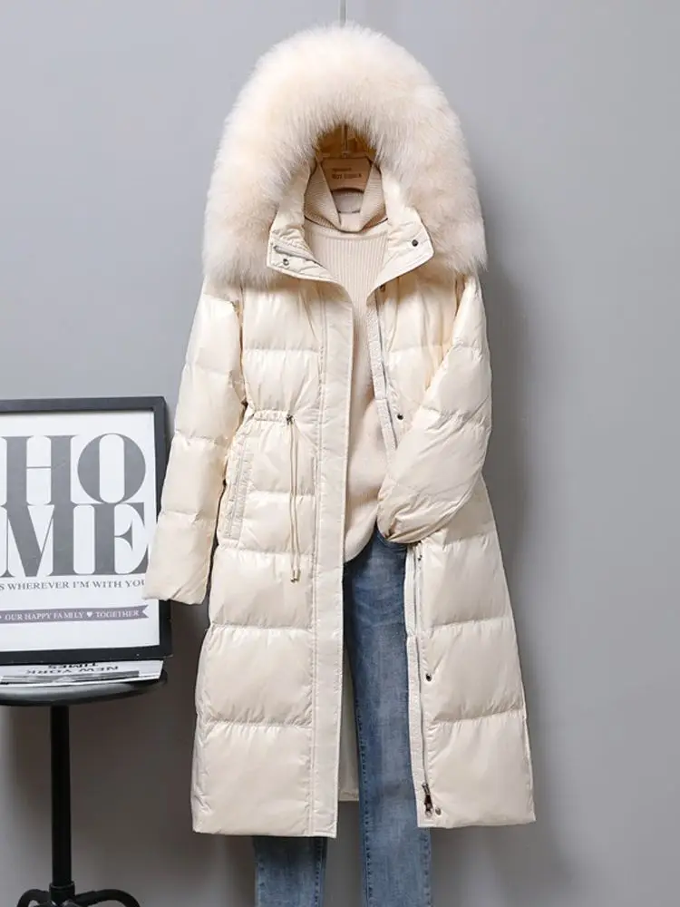 Women Long Down Jacket New Casual Style Fox Fur Collar White Duck Down Jackets Autumn Winter Coats And Parkas Female Outwear