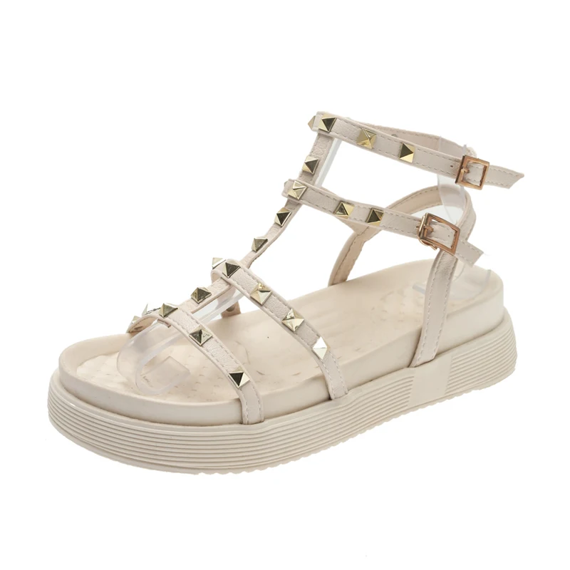 2022 Sandals Ladies Shoes Summer Clear Heels Med Muffins shoe Buckle Strap Suit Female Beige All-Match New Comfort Clogs Studded