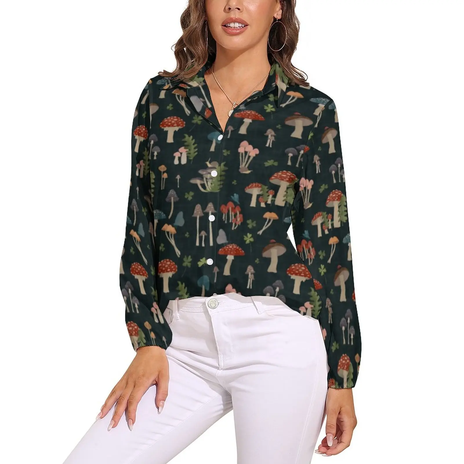 

Vintage Mushrooms Blouse Green Leaf Print Office Work Printed Blouses Women Casual Shirt Summer Long-Sleeve Oversized Clothes