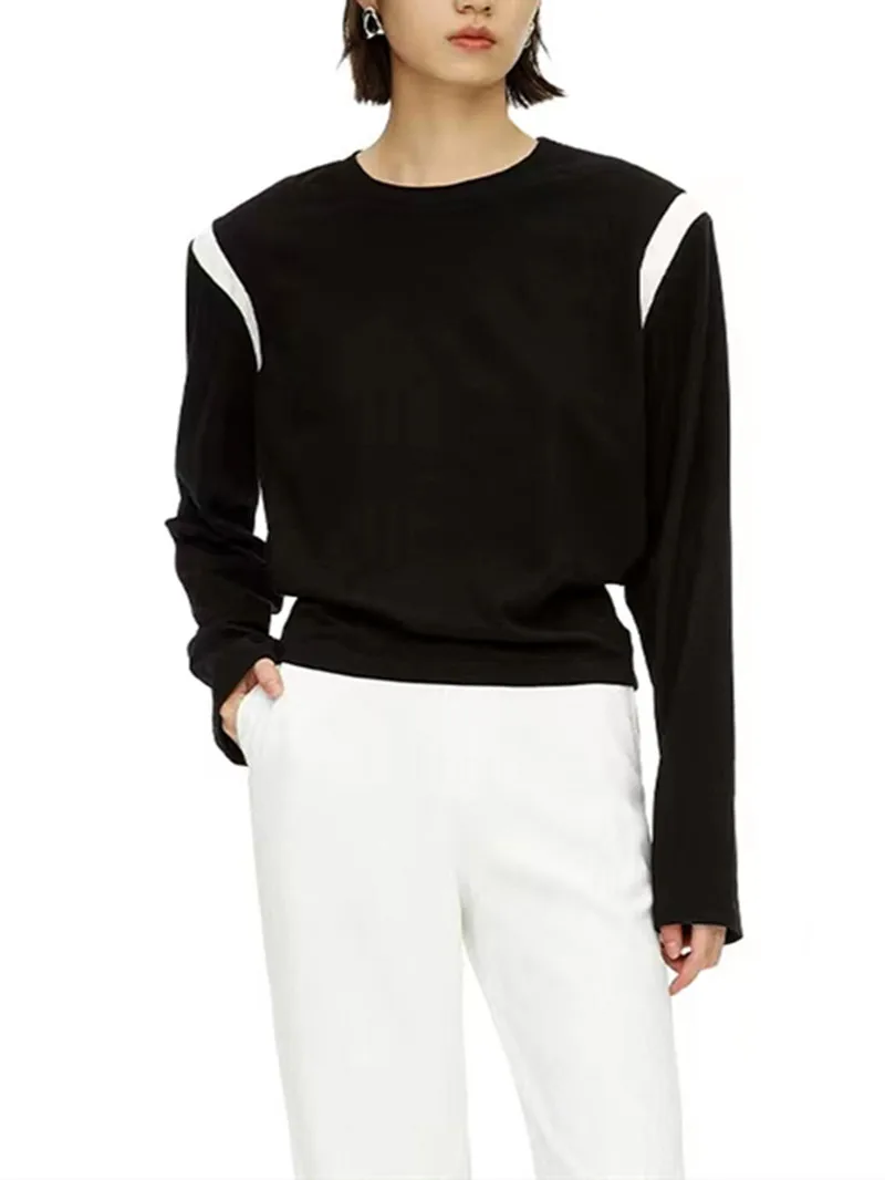 

Women T-Shirt Leather Color Patchwork O-Neck Shoulder Pads Long Sleeve Casual Cotton Sweatshirt