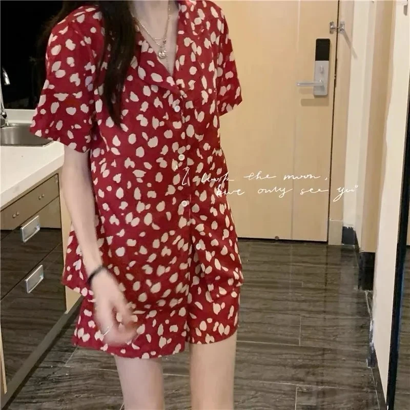 CAIYIER Red Flowers Pajama Sets Turn-down Collar Short Sleeve Sleepwear Thin Girl Kawaii Casual Nightwear Women Korean Underwear