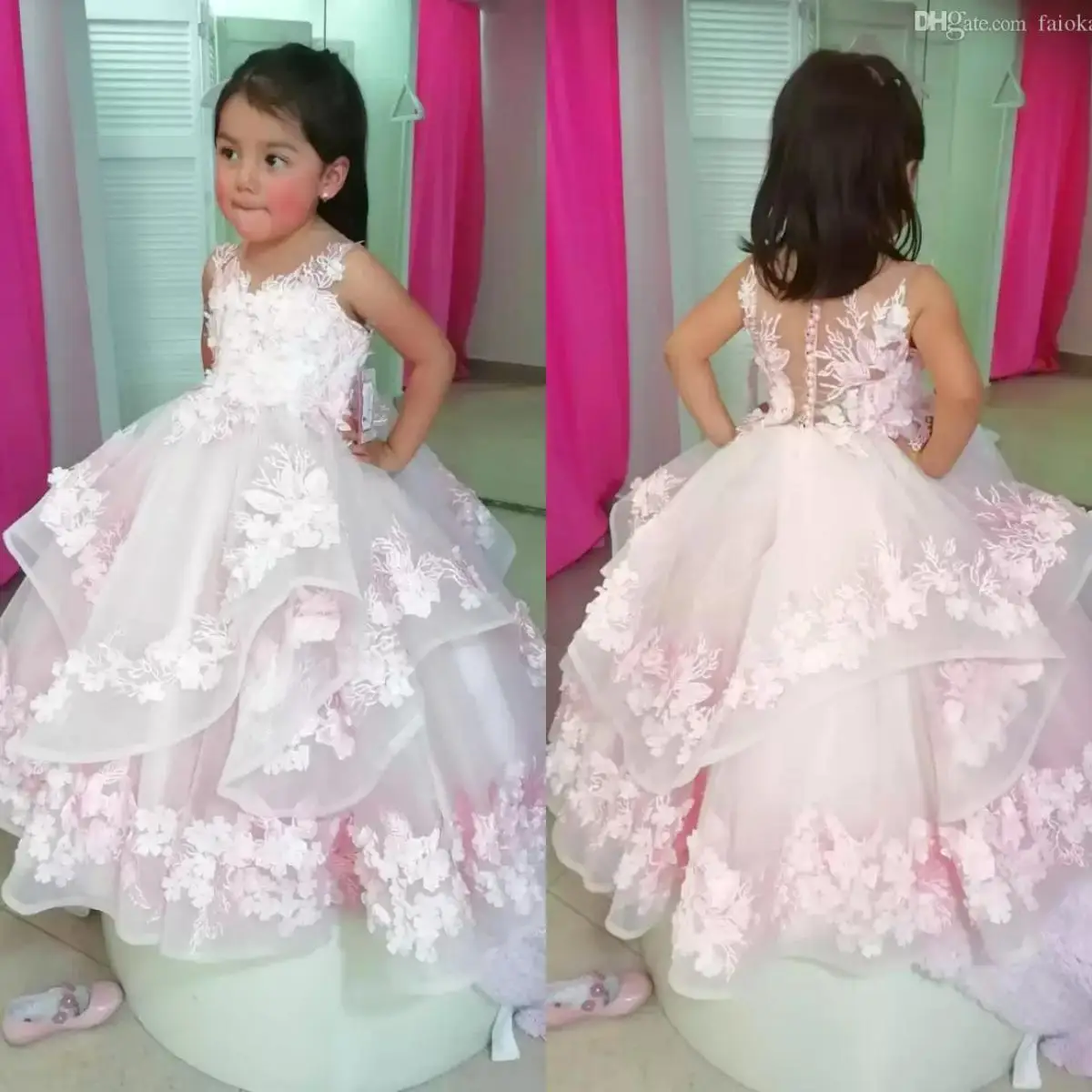 

Pink Flower Girl Dresses for Wedding Lace 3D Floral Appliqued Little Girls Pageant Dress Tiered Skirts vestidos de desfile