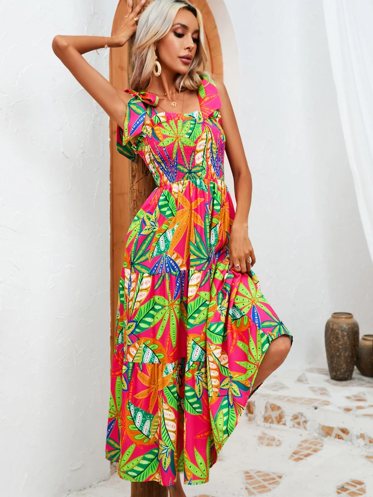 

2023 New Summer Fashion Party Dress Sexy Leaf Print Bandeau Dresses with Wrap for Women Dresses for Women