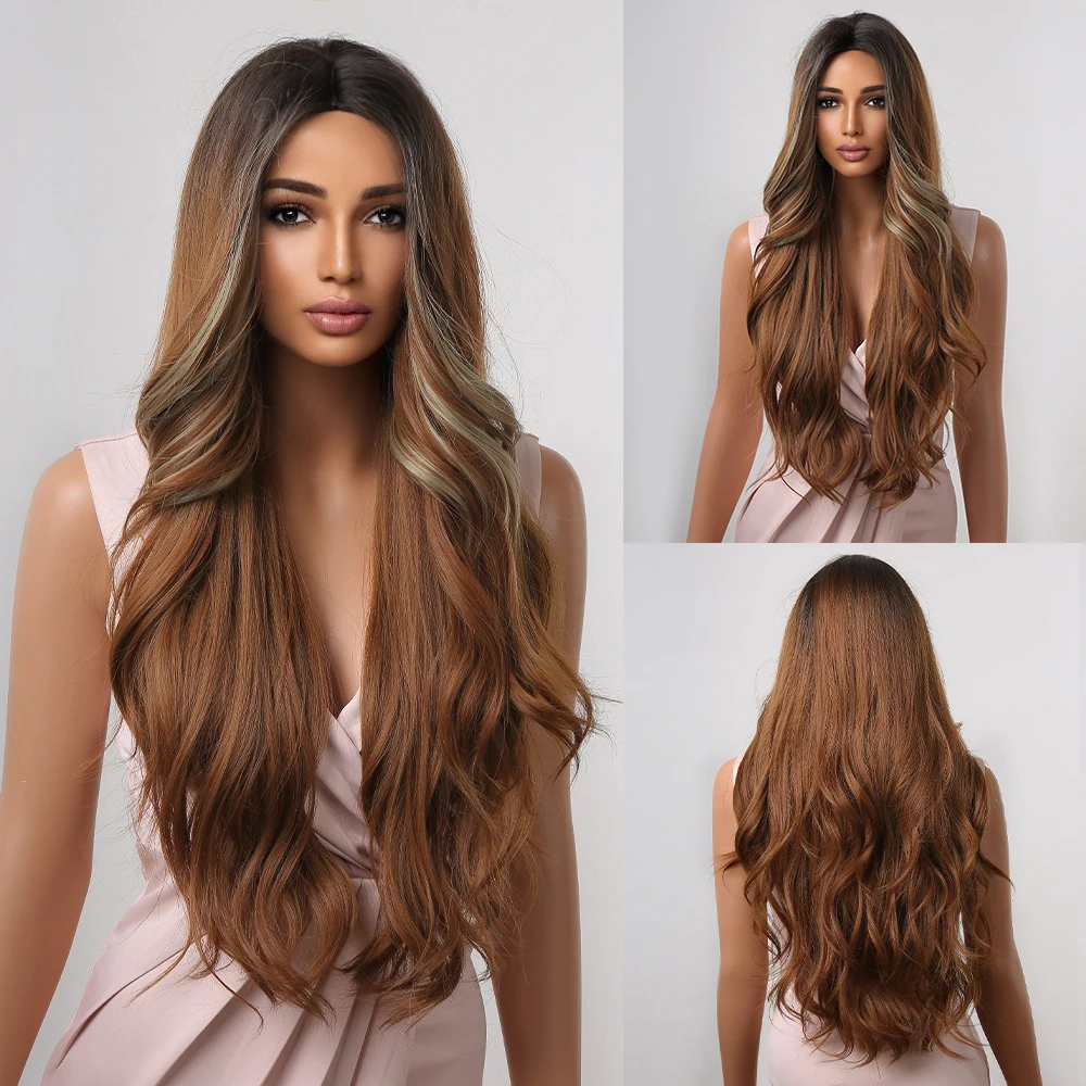 

Long Golden Bronze Synthetic Wigs for Women Highlight Body Wave Middle Part Ombre Wigs Natural Hair Heat Resistant Daily Cosplay